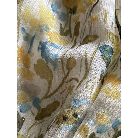 Rachel Zoe Sleeveless Top Yellow Blue Floral Silver Shimmer Large Ruffle‎ V Neck - Picture 7 of 8
